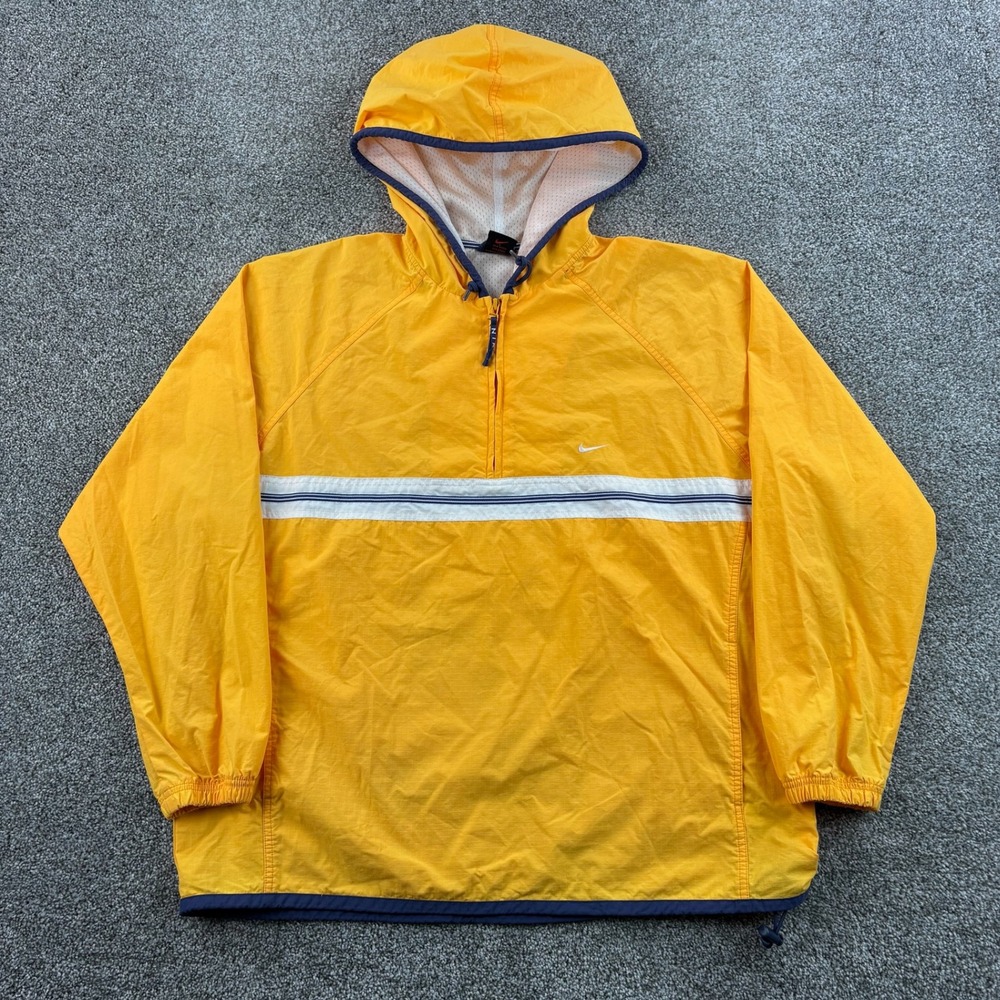 Vintage Nike Windbreaker Jacket Mens XL Yellow Nylon 1/4 Zip Hooded Anorak
